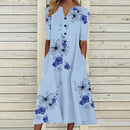 Elegant Women Dresses V Neck Short Sleeve Button Party Dress Women Summer Vintage Print Dress Casual Loose Flower Ladies Dresses