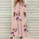 Elegant Women Dresses V Neck Short Sleeve Button Party Dress Women Summer Vintage Print Dress Casual Loose Flower Ladies Dresses