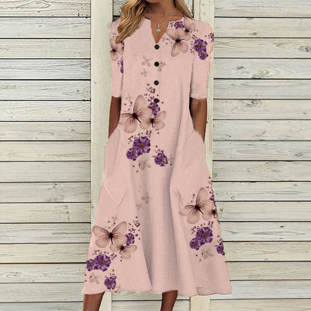 Elegante Damenkleider V-Ausschnitt Kurzarm Knopf Partykleid Damen Sommer Vintage Print Kleid Beiläufige Lose Blumendamenkleider