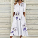 Elegant Women Dresses V Neck Short Sleeve Button Party Dress Women Summer Vintage Print Dress Casual Loose Flower Ladies Dresses
