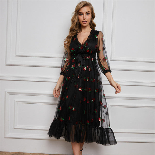 ISAROSE 2022 Strawberry Dress Women Deep V Puff Sleeve Sweet Voile Mesh Sequins Embroidery French Party Dresses 4XL 5XL