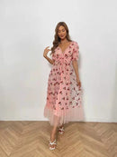 ISAROSE 2022 Strawberry Dress Women Deep V Puff Sleeve Sweet Voile Mesh Sequins Embroidery French Party Dresses 4XL 5XL
