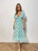 ISAROSE 2022 Strawberry Dress Women Deep V Puff Sleeve Sweet Voile Mesh Sequins Embroidery French Party Dresses 4XL 5XL