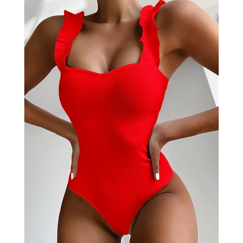 Gossina 2021 New Sexy Female Swimsuit Vintage One Piece Ruffled Push Up Solid Red Swimwear Women Monokini Padded Bathing Suits