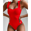 Gossina 2021 New Sexy Female Swimsuit Vintage One Piece Ruffled Push Up Solid Red Swimwear Women Monokini Padded Bathing Suits