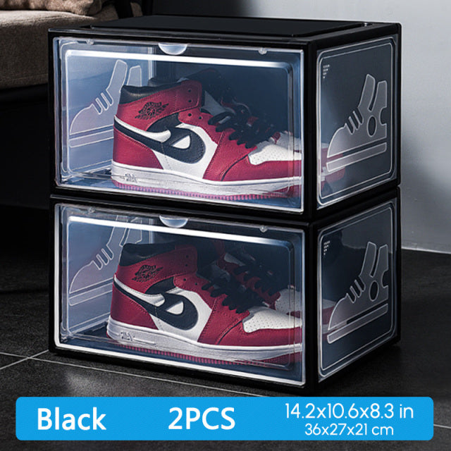 2 Stück AJ Sneakers Box Gehärteter Kunststoff Schuhkarton Stapelbarer Schrank Aufbewahrungsbox High-Top Staubdichter AJ Schuhorganisator Schuhregal