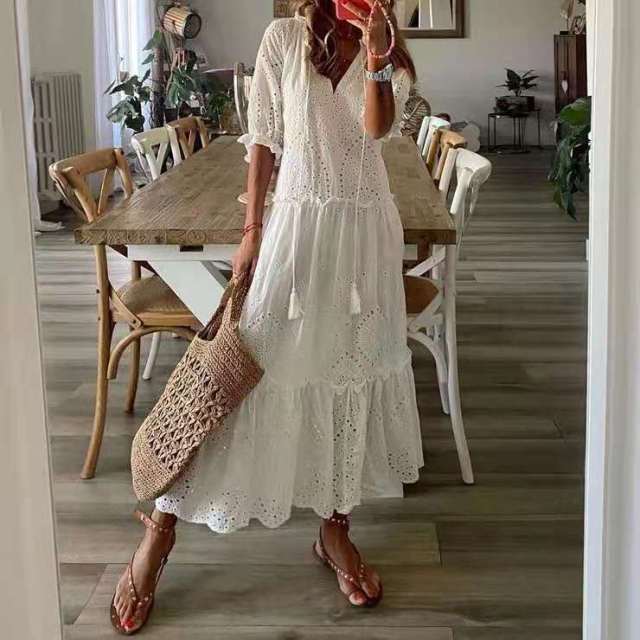 Weißes Maxi-Sommerkleid, elegante Kurzarm, aushöhlen, böhmische Kleider für Frauen, lockere Passform, V-Ausschnitt, lockeres Sommerkleid Vestidos