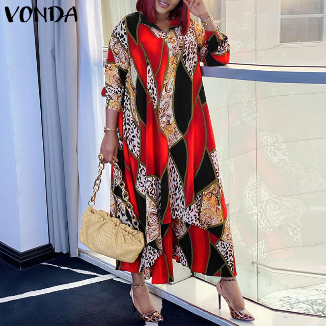 Bohemian Maxikleid 2022 VONDA Sommer Frauen Sommerkleid Vintage Puffärmel Bedrucktes Party Langes Kleid Lässig Vestido Roben Übergroß