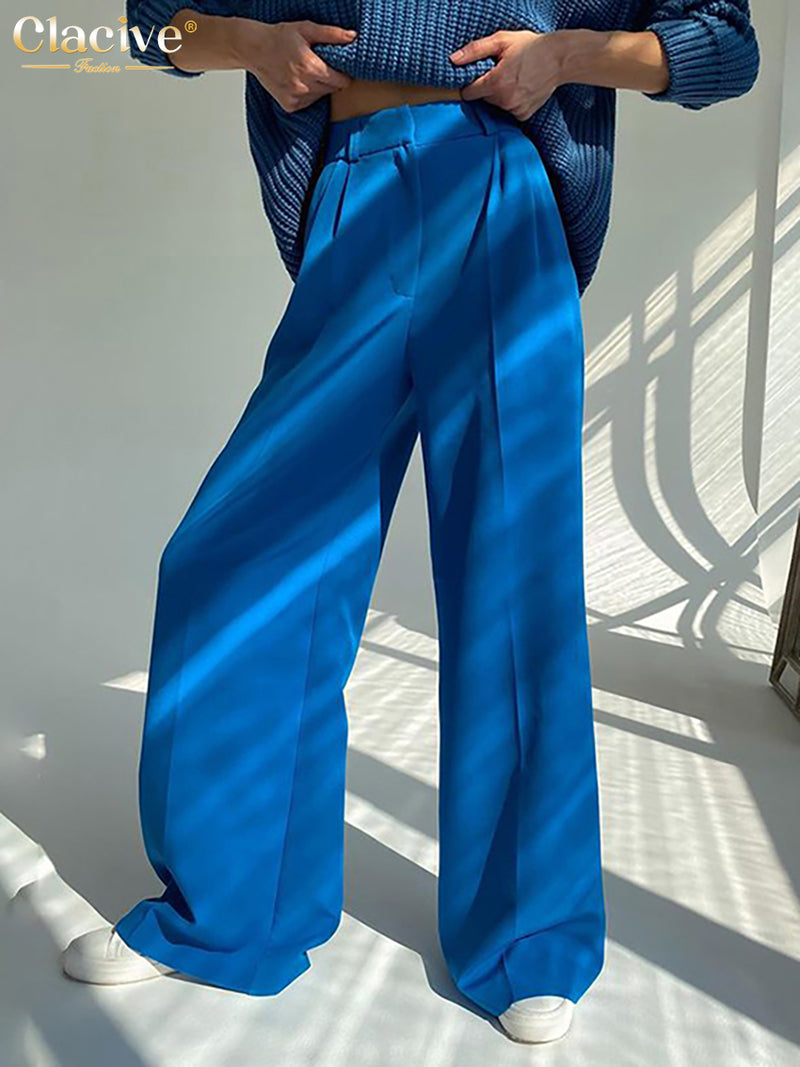 Pantalones de mujer de oficina azul Clacive, pantalones holgados a la moda de longitud completa para mujer, pantalones anchos informales de cintura alta para mujer
