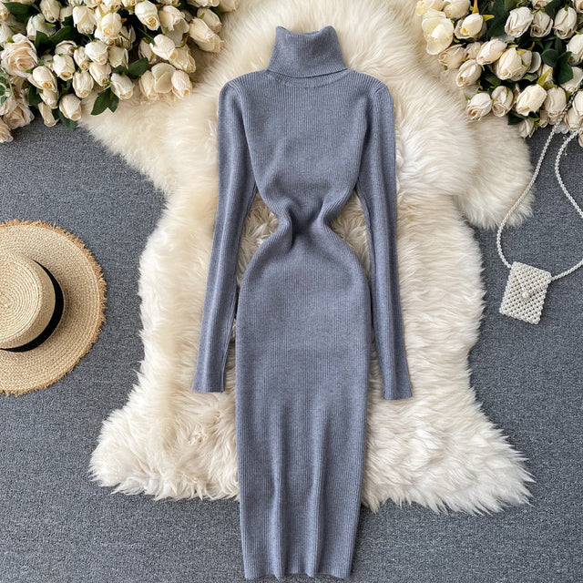 Pullover Kleid 2022 Winter Rollkragen Warm Langarm Strickkleid Koreanische Mode Lässig Feste Frauen Midi Figurbetontes Kleid