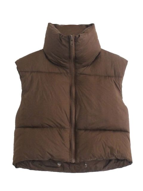 2022 Women Fashion Brown Cropped Vest Coat Female Stand Collar Zipper Waistcoat Ladies Casual Outerwear