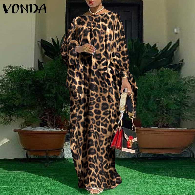 Frauen Kaftan Kleid 2022 VONDA Sommer Vintage Leopardenmuster Party Langes Maxikleid Lässig Langarm Plissee Robe Strand Vestidos