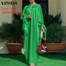 Women Kaftan Dress 2022 VONDA Summer Vintage Leopard Print Party Long Maxi Dress Casual Long Sleeve Pleated Robe Beach Vestidos