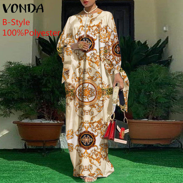 Women Kaftan Dress 2022 VONDA Summer Vintage Leopard Print Party Long Maxi Dress Casual Long Sleeve Pleated Robe Beach Vestidos