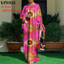Women Kaftan Dress 2022 VONDA Summer Vintage Leopard Print Party Long Maxi Dress Casual Long Sleeve Pleated Robe Beach Vestidos