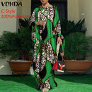 Women Kaftan Dress 2022 VONDA Summer Vintage Leopard Print Party Long Maxi Dress Casual Long Sleeve Pleated Robe Beach Vestidos