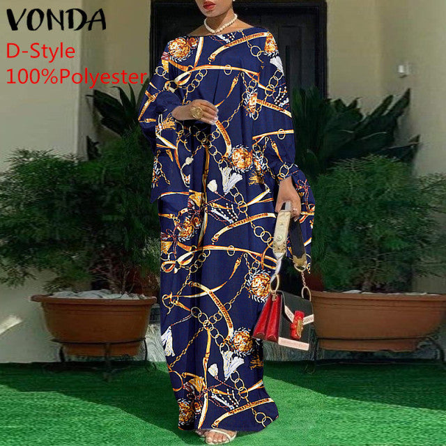 Women Kaftan Dress 2022 VONDA Summer Vintage Leopard Print Party Long Maxi Dress Casual Long Sleeve Pleated Robe Beach Vestidos
