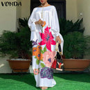 Women Kaftan Dress 2022 VONDA Summer Vintage Leopard Print Party Long Maxi Dress Casual Long Sleeve Pleated Robe Beach Vestidos