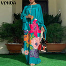 Women Kaftan Dress 2022 VONDA Summer Vintage Leopard Print Party Long Maxi Dress Casual Long Sleeve Pleated Robe Beach Vestidos
