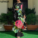 Women Kaftan Dress 2022 VONDA Summer Vintage Leopard Print Party Long Maxi Dress Casual Long Sleeve Pleated Robe Beach Vestidos