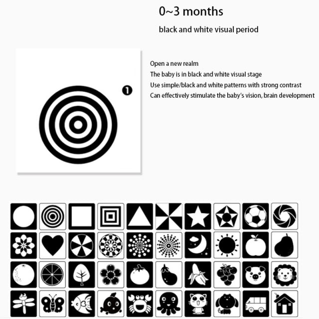 Juguetes de tarjetas de estimulación Visual para bebés Montessori, tarjetas Flash en blanco y negro, tarjetas Montessori de aprendizaje de estimulación Visual de alto contraste