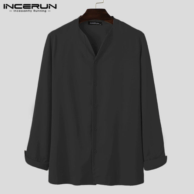 2022 Fashion Men Brand Shirt Solid Long Sleeve Button V Neck Chic Streetwear Casual Blouse Korean Style Shirts Camisas INCERUN 7