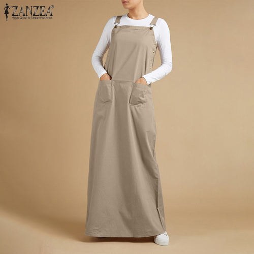 ZANZEA 2022 Damen Sommer Sommerkleid Elegante Overalls Kleid Solide Hosenträger Vestidos Weibliche Quadratischer Ausschnitt Schnalle Robe 7