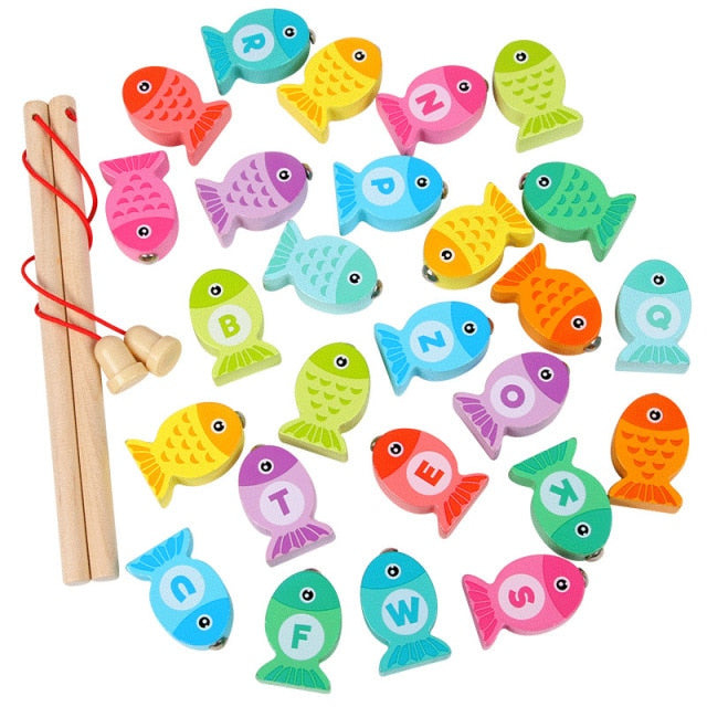 Juguetes de pesca magnéticos de madera Montessori para niños, dibujos animados, vida marina, cognición, juegos de peces, educación interactiva para padres e hijos