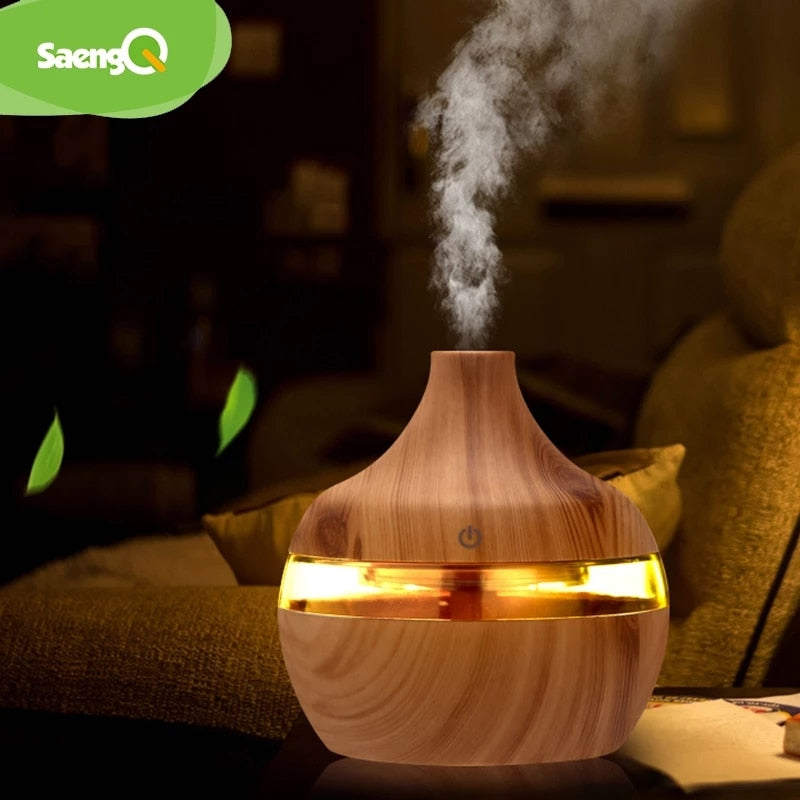saengQ Electric Air Humidifier Essential Aroma Oil Diffuser Ultrasonic Wood Grain Humidifier USB Mini Mist Maker LED Light