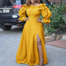 Off Shoulder Maxi Dress 2022 VONDA Women Vintage Long Sleeve High Slit Party Ruffled Dress Casual Vestido Oversized Robe Femme