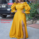 Off Shoulder Maxi Dress 2022 VONDA Women Vintage Long Sleeve High Slit Party Ruffled Dress Casual Vestido Oversized Robe Femme