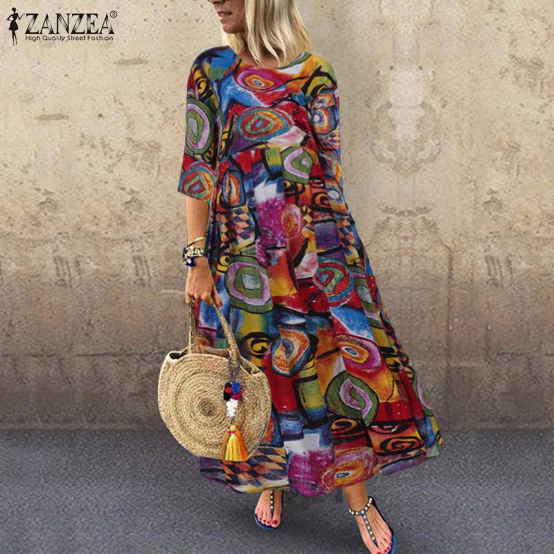 2022 Autumn Summer ZANZEA Pleated Dress Women Vintage Vestidos Robe Printed Long Maxi Dresses  Femme 3/4 Sleeve Tunic