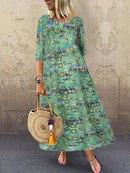 2022 Autumn Summer ZANZEA Pleated Dress Women Vintage Vestidos Robe Printed Long Maxi Dresses  Femme 3/4 Sleeve Tunic