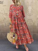 2022 Autumn Summer ZANZEA Pleated Dress Women Vintage Vestidos Robe Printed Long Maxi Dresses  Femme 3/4 Sleeve Tunic