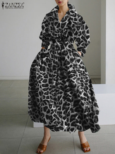 Übergroßes elegantes Frauen-Herbst-Sommerkleid ZANZEA Mode-Revers-Ausschnitt-lange Hülsen-festes langes Hemd-Kleid OL Vestidos Robe Femme
