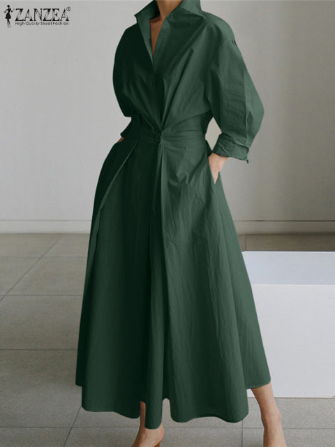 Übergroßes elegantes Frauen-Herbst-Sommerkleid ZANZEA Mode-Revers-Ausschnitt-lange Hülsen-festes langes Hemd-Kleid OL Vestidos Robe Femme