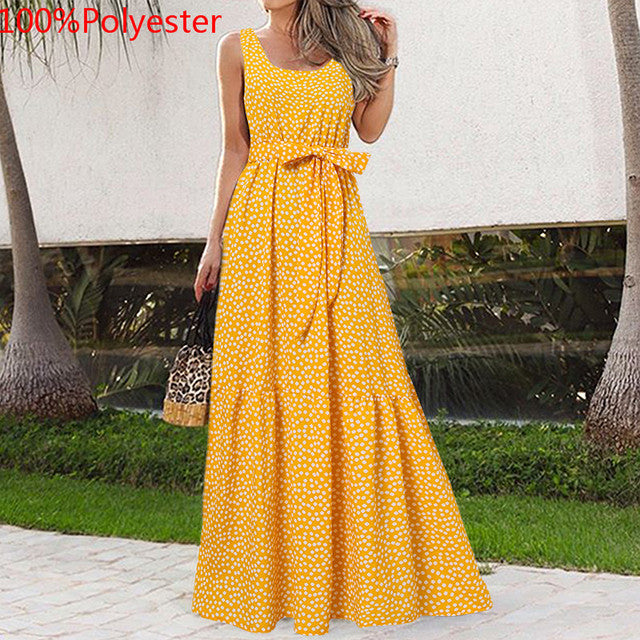Celmia 2022 Summer Bohemian Long Dress Women Sexy Party Maxi Sundress Sleeveless Floral Print Casual Ruffles Belt Beach Vestidos
