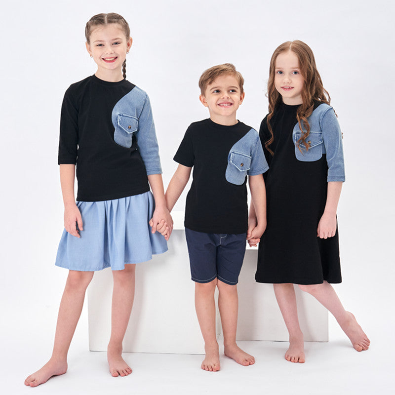 kids boys girls spring summer cotton jersey denim family matching dress tops 12M to 14 years baby teen children clothing TB1156