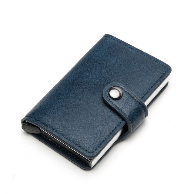 RFID bloqueo Vintage hombres titular de la tarjeta de crédito aleación de aluminio ID tarjeta caso automático hombre Metal cuero tarjetero billetera