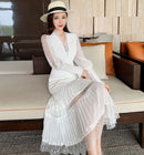 JSXDHK 2022 New Runway Designer Frauen Schwarz Langes Kleid Eleganter Frühling Chiffon Patchwork Spitze V-Ausschnitt Laterne Ärmel Plissee Kleid