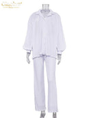 Clacive Causal Loose Home Suit Autumn Long Sleeve Blouse With High Wasit Pants Set Women Elegant Pleated Beige 2 Piece Pant Sets