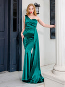 One Shoulder Padded Sexy Satin Maxi Dress Women&