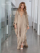 2022 Sexy Cold Shoulder V Neck Bats Sleeve Loose Summer Beach Dress Plus Size Women Beachwear Kaftan Black Dress Q943