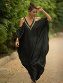 2022 Sexy Cold Shoulder V Neck Bats Sleeve Loose Summer Beach Dress Plus Size Women Beachwear Kaftan Black Dress Q943