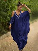 2022 Sexy Cold Shoulder V Neck Bats Sleeve Loose Summer Beach Dress Plus Size Women Beachwear Kaftan Black Dress Q943