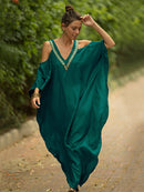 2022 Sexy Cold Shoulder V Neck Bats Sleeve Loose Summer Beach Dress Plus Size Women Beachwear Kaftan Black Dress Q943