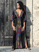 2022 Sexy Cold Shoulder V Neck Bats Sleeve Loose Summer Beach Dress Plus Size Women Beachwear Kaftan Black Dress Q943