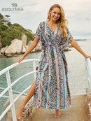 2022 Sexy Cold Shoulder V Neck Bats Sleeve Loose Summer Beach Dress Plus Size Women Beachwear Kaftan Black Dress Q943