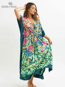 2022 Sexy Cold Shoulder V Neck Bats Sleeve Loose Summer Beach Dress Plus Size Women Beachwear Kaftan Black Dress Q943
