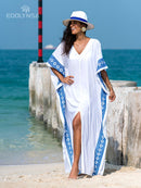 2022 Sexy Cold Shoulder V Neck Bats Sleeve Loose Summer Beach Dress Plus Size Women Beachwear Kaftan Black Dress Q943